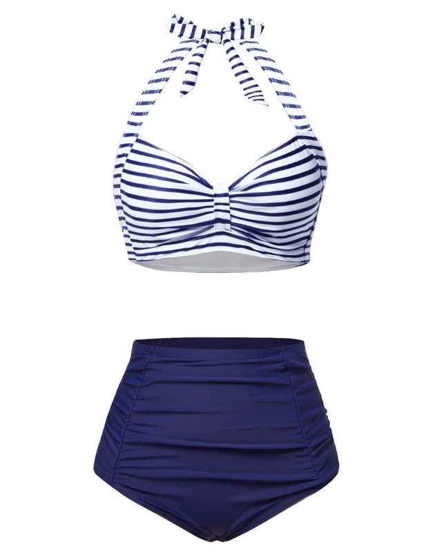 Holipick Women High Waisted Bikini Set Two Piece Swimsuit Tummy Control Bathing Suit Vintage Halter Swimwear, Blue Stripe, Large - Image 1