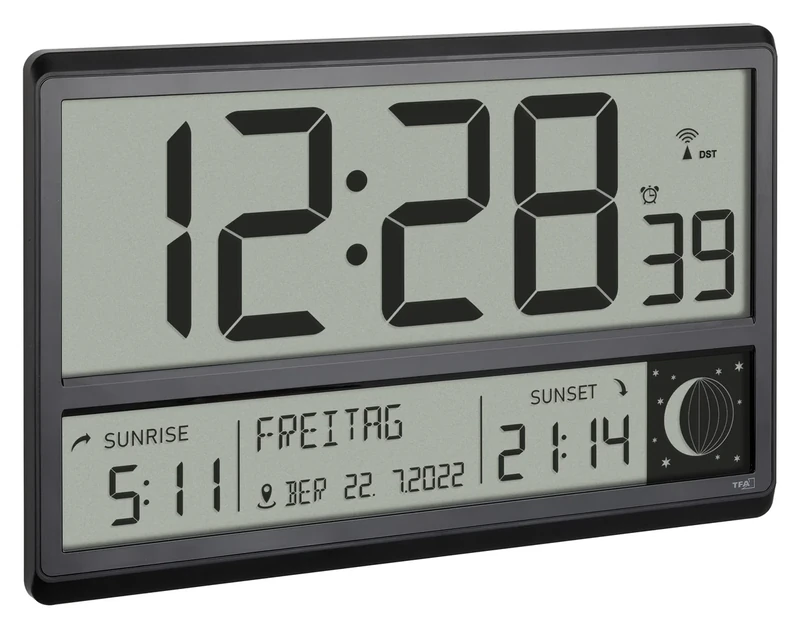 TFA Dostmann Digital XL Radio Controlled Wall Clock with Sunrise and Sunset Alarm Large Digits Moon Phase Silent Black 60.4524.01