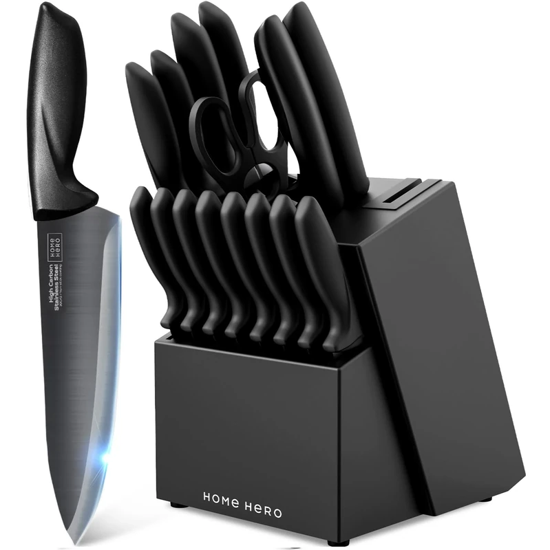 Home Hero Ultra-Sharp Stainless Steel Kitchen Knife Set - Chef Knives Set (16 pcs Block Set - Black with Block)