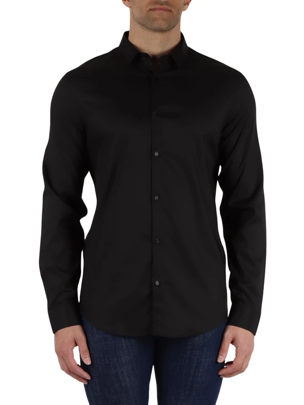 Armani Exchange Men's Long Sleeve Ultra Stretch Lyocell Button Down Slim Fit Shirt, Black, XL