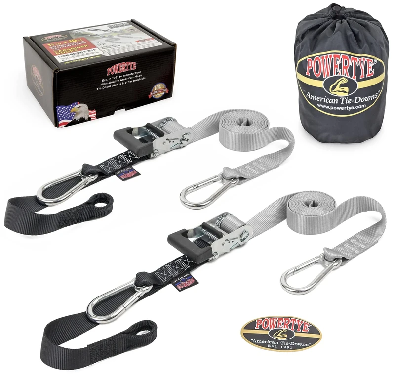 PowerTye - Made in USA - Extra Long Ratchet Tie Down Straps, Heavy Duty with Carabiner Hooks, Soft-Tye & Bag, for Motorcycle, ATV & Cargo, 1,000 lb WLL, 1.5 inch x 10ft Long, Silver/Black (Pair)