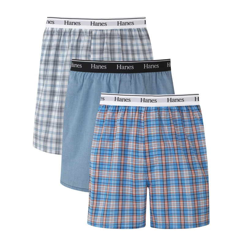 Hanes Men's Originals Cotton Woven Boxers Pack, Moisture-Wicking Underwear, 3-Pack Shorts, Blue Plaids, S (Pack of 3)