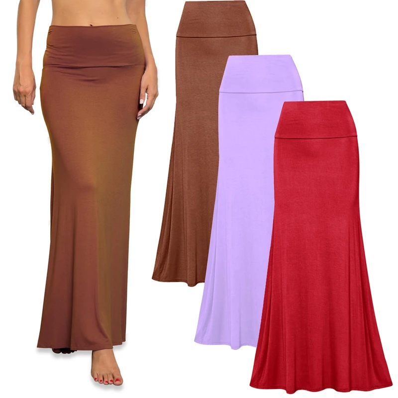 Free to Live 3 Pack Long Skirts for Women Fall Winter Flowy Maxi Skirt High Waist Fold Over Floor Ankle Length Jersey Knit, Lavender, Red, Rust, M
