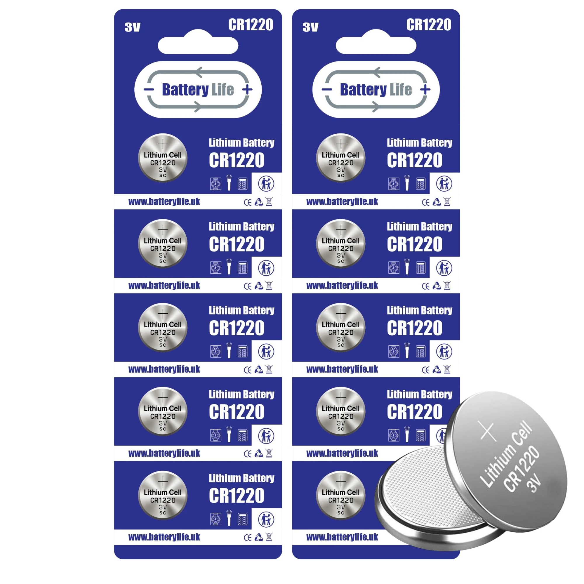 Battery Life CR1220 Batteries 3V Coin Button Cell CR 1220 Lithium Long Life For Car Key fob, Scales, Toys, Watch, LED Lights & More UK Brand (10 pack)
