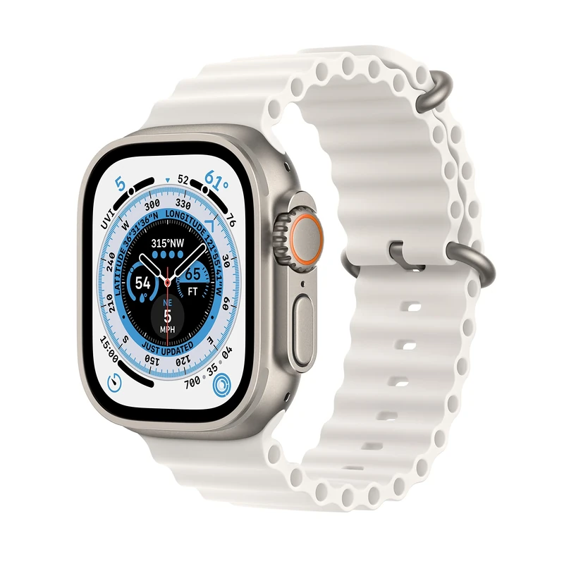 Apple Watch Ultra (GPS + Cellular, 49mm) Titanium Case with White Ocean Band - One Size(Renewed)