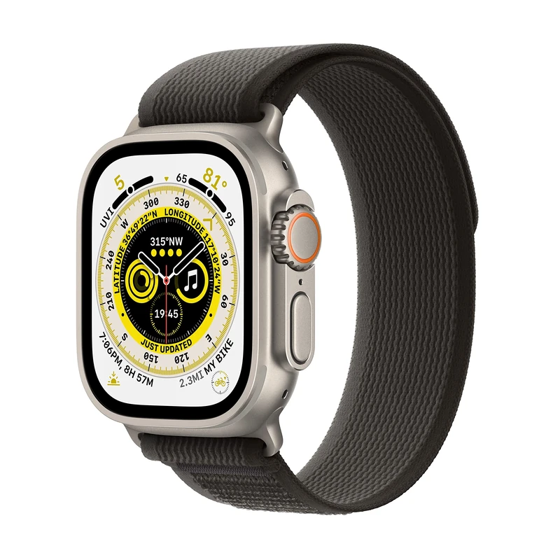Apple Watch Ultra (GPS + Cellular, 49mm) Titanium Case with Black/Grey Trail Loop - M/L(Renewed)
