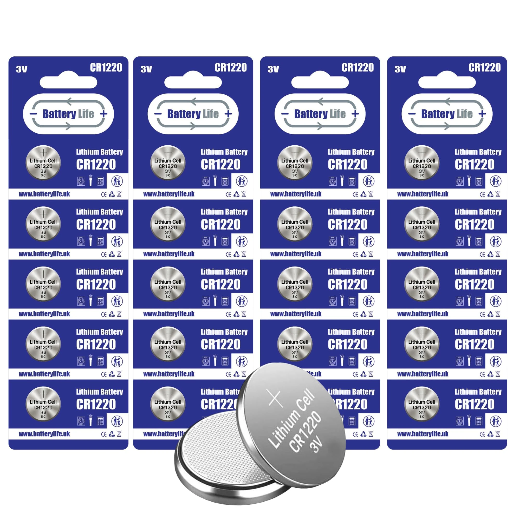 Battery Life CR1220 Batteries 3V Coin Button Cell CR 1220 Lithium Long Life For Car Key fob, Scales, Toys, Watch, LED Lights & More UK Brand (20 pack)