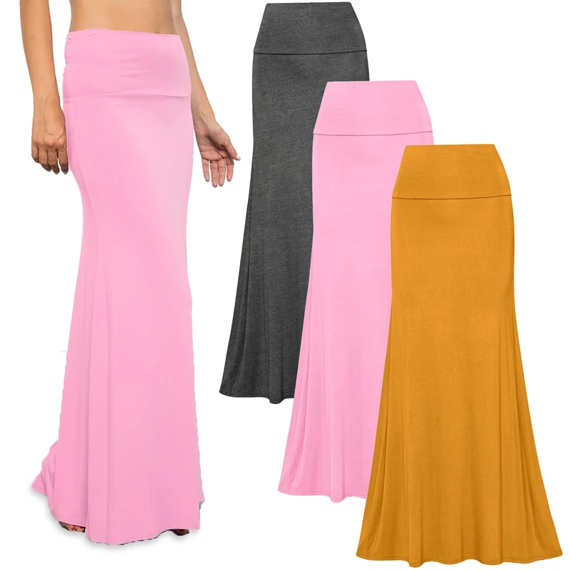 Free to Live 3 Pack Long Skirts for Women Fall Winter Flowy Maxi Skirt High Waist Fold Over Floor Ankle Length Jersey Knit, Charcoal, Mustard, Pink, M