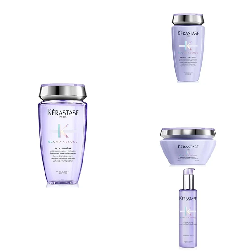 Kérastase Blond Absolu, Hydrating Illuminating Shampoo + Anti-Brass Purple Shampoo+ Anti-Brass Purple Hair Mask + Fortifying Heat Protecting Serum
