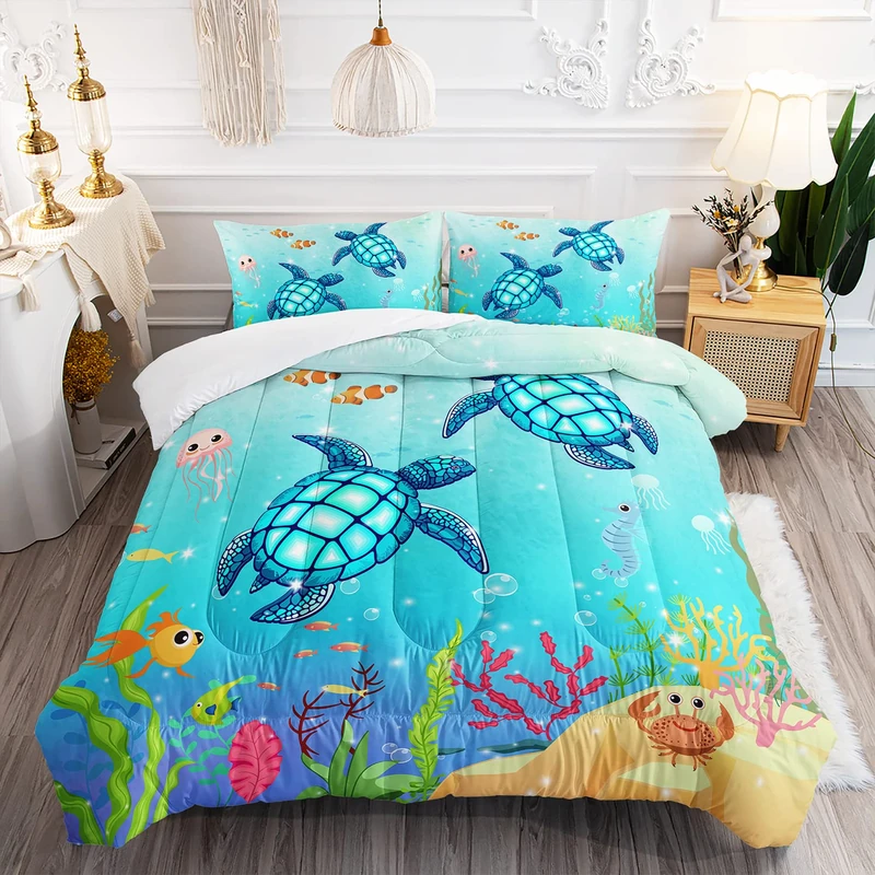 XYNHML Turtle Comforter Set Queen Ocean Watercolor Sea Turtle Bedding Set Nautical Sea Animal Reptile Bed Set with 2 Pillowcases for Kids Room Decor