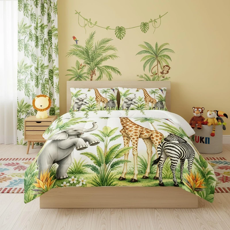 QOOMO Wild Animal Comforter Full Size,Elephant Giraffe Zebra Kids Comforter Set,3Pcs Bedding Set Printed Comforter with 2 Pillowcases,Down Alternative,Soft and Lightweight