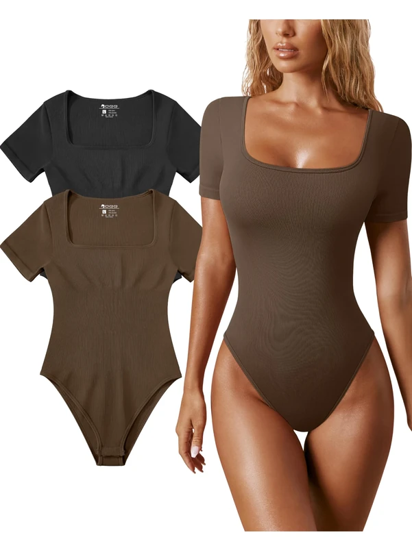 OQQ Women Bodysuits Square Neck 2 Piece Short-sleeve Tummy Control Seamless Fashion Bodysuits Black Coffee