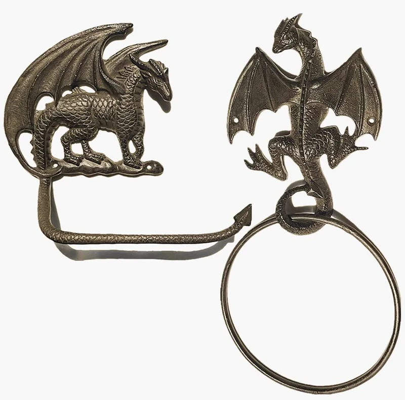 Gothic Dragon Cast Iron Toilet Paper Holder and Towel Ring Set, Wall Mounted Decorative Bathroom Accessories, 2 PCs