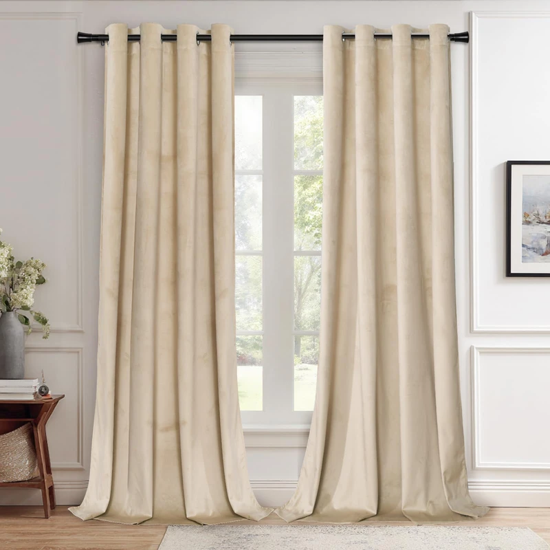 JIUZHEN Beige Velvet Curtains 120 inches for Living Room - Thermal Insualted Room Darkening Grommet Thick Velvet Window Drapes for Bedroom, Set of 2 with Tiebacks, 52W x 120L