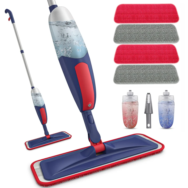 Microfibre Spray Mops for Cleaning Floors - BPAWA Flat Floor Mop with Spray Wet Dry Use for Hard Wood Laminate Wooden Tile Vinyl Flooring, Dust Mop with 2x 550ML Bottles and 4x Reusable Washable Pads