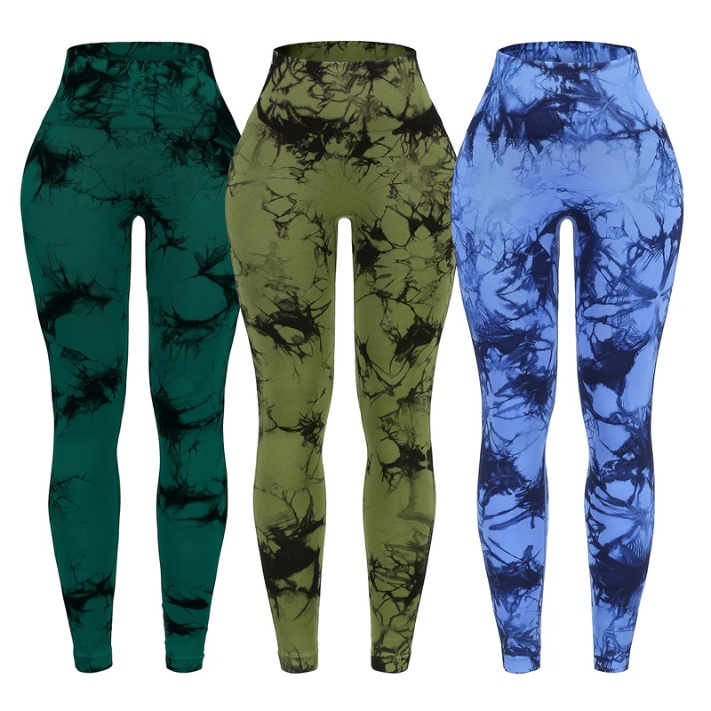 OVESPORT 3 Pack Tie Dye Seamless High Waisted Workout Leggings for Women Scrunch Butt Lifting Yoga Gym Athletic Pants, 3pack-Blue/Green/Cyan, Large