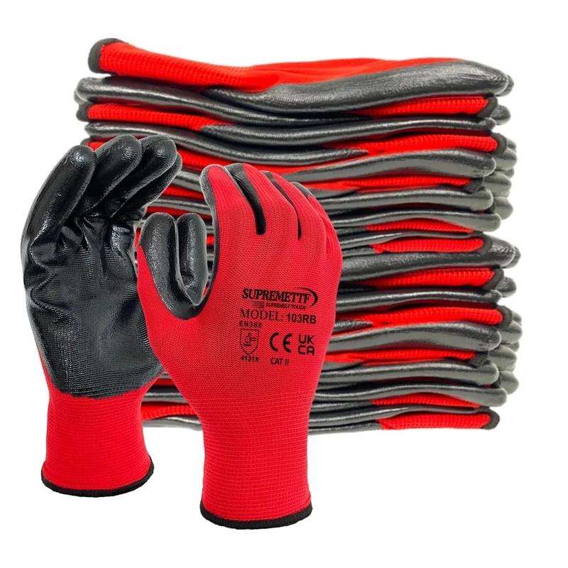 Supreme TTF 24 Pairs PREMIUM NITRILE COATED Red Nylon Work Gloves Builders Gardening Grip (XL [Size 10])