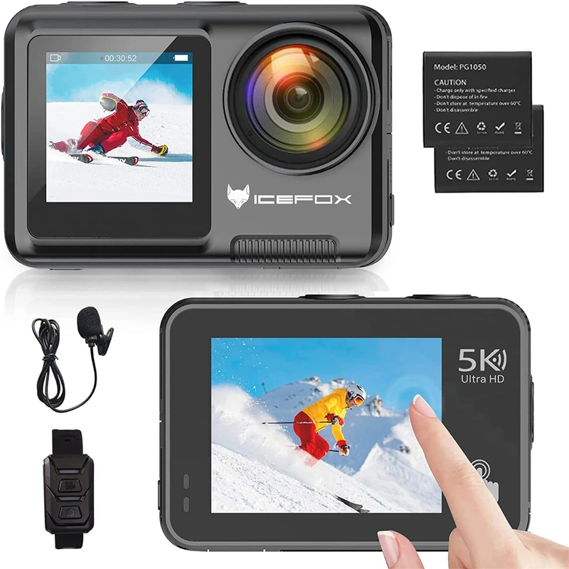 icefox Action Camera 5K 30FPS 20MP Touchscreen Underwater Camera, EIS Adjustable Viewing Angle 4X Zoom, 30M Waterproof Action Cam with External Microphone, Remote Control and Accessories Kit