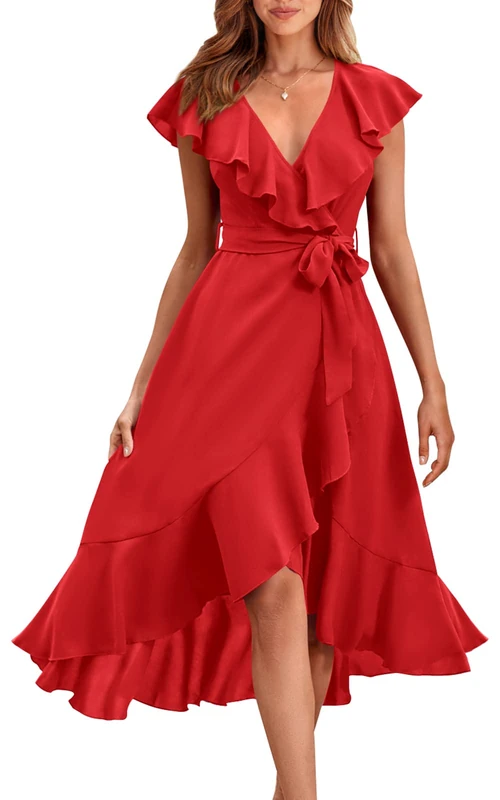 PRETTYGARDEN Women's Summer Wrap Maxi Dress Casual Boho Deep V Neck Short Sleeve Ruffle Hem Split Beach Long Dresses, Red, S