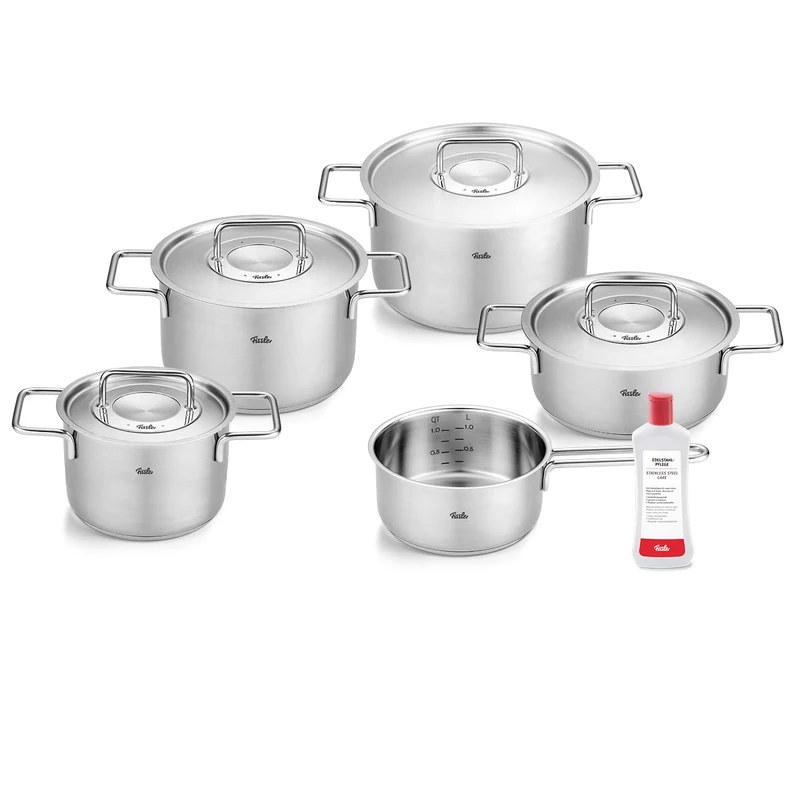 Fissler Pure Collection 6-Piece Stainless Steel Saucepan Set with Metal Lids (3 Saucepans, 1 Stewing Pan 1 Saucepan 1 Stainless Steel Care) - Induction, Silver