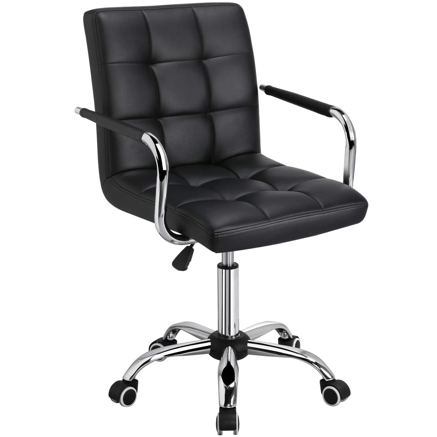 Yaheetech Mid Back PU Leather Office Chair Stylish Swivel Desk Task Chair w/Armrests Metal Base, Black
