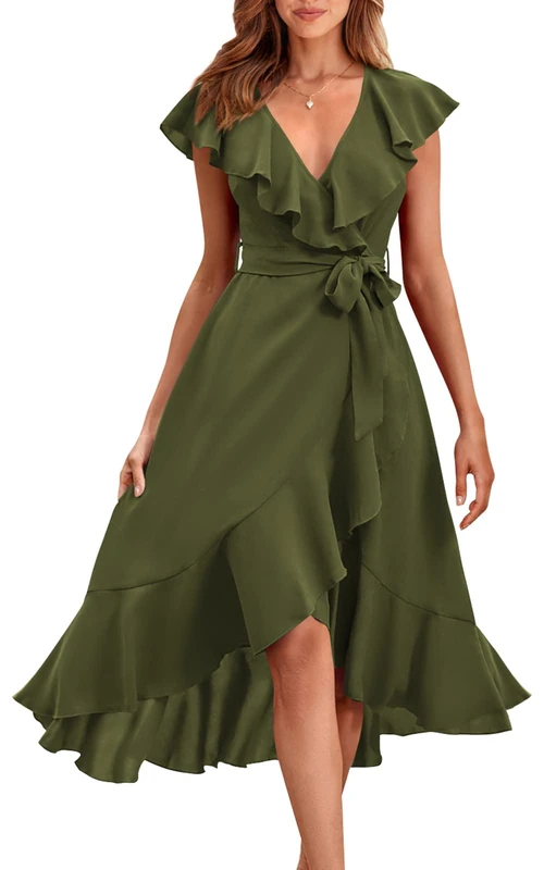 RETTYGARDEN Women's 2025 Summer Cross Midi Dress Casual Boho Deep V Neck Short Sleeve Ruffle Hem Split Beach Long Dresses, Army Green, S - Image 1
