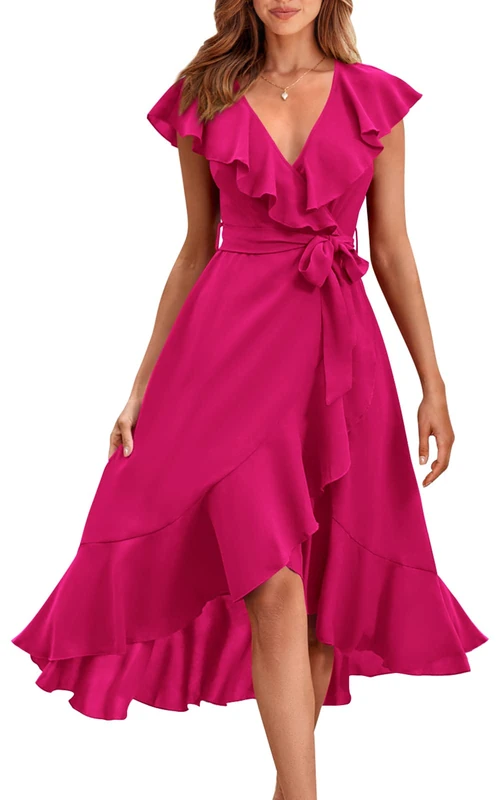 PRETTYGARDEN Women's Summer Wrap Maxi Dress Casual Boho Deep V Neck Short Sleeve Ruffle Hem Split Beach Long Dresses Clothes, Rose Red, L