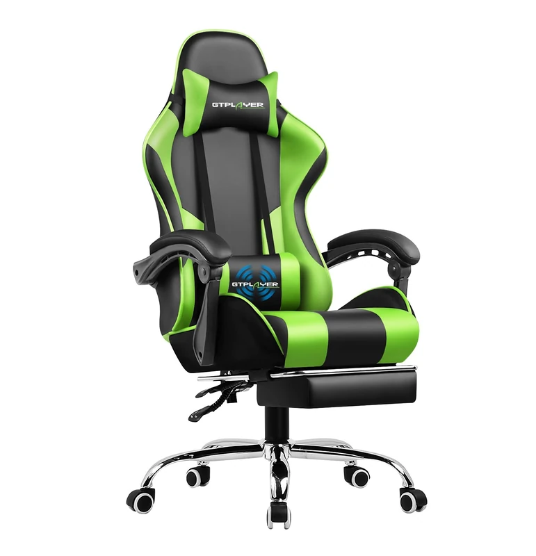 GTPLAYER Gaming Chair, Massage Computer Chairs with Footrest, Headrest and Lumbar Support Height Adjustable Ergonomic 360°-Swivel PC Chair Green