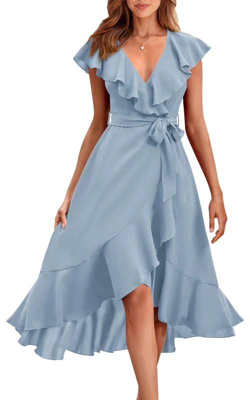 RETTYGARDEN Women's 2025 Summer Cross Midi Dress Casual Boho Deep V Neck Short Sleeve Ruffle Hem Split Beach Long Dresses, Light Blue, L