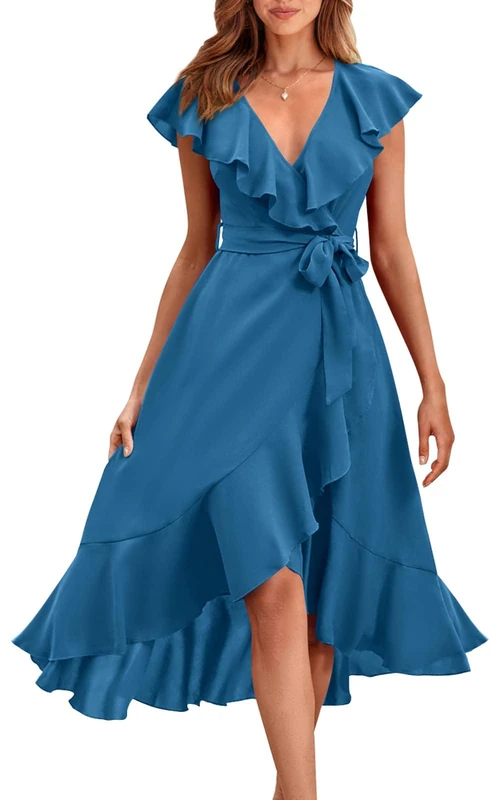 PRETTYGARDEN Women's 2023 Summer Wrap Maxi Dress Casual Boho Deep V Neck Short Sleeve Ruffle Hem Split Beach Long Dresses, Grey Blue, M