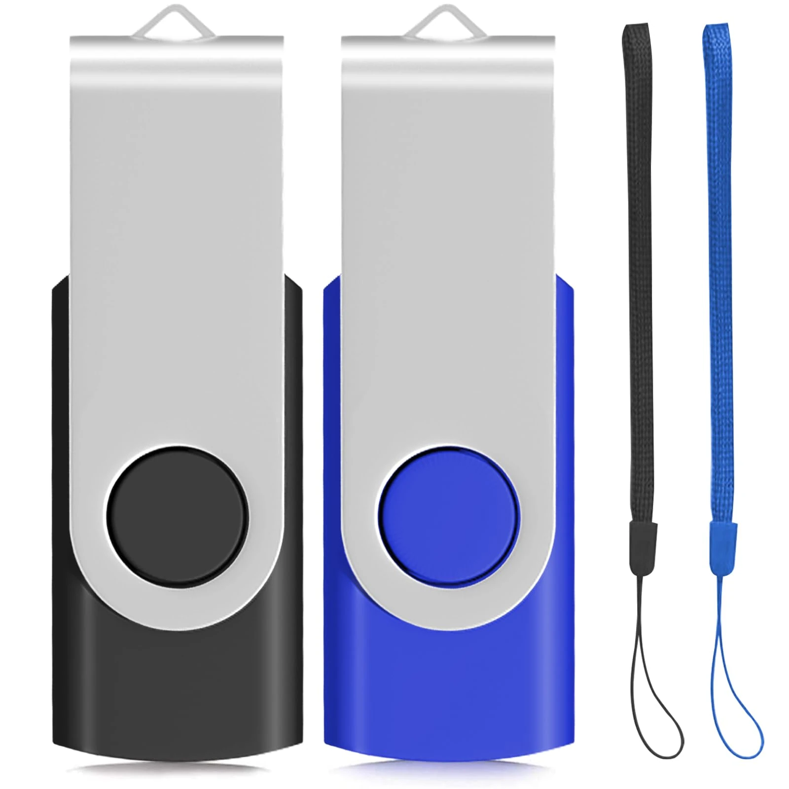 EASTBULL 2GB Usb Stick 2 Pack, Memory Sticks USB 2.0 Metal Flash Drive Swivel Design Fold Storage with 2 Lanyards (Black/Blue)