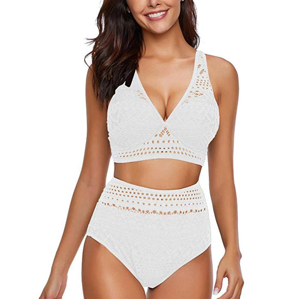 Women's Two Pieces Crochet Lace High Waist V Neck Bikini Set Swimsuit Sexy Deep V Neck Bathing Suits Swimming Costume Mesh Monokini Padded Swimwear White