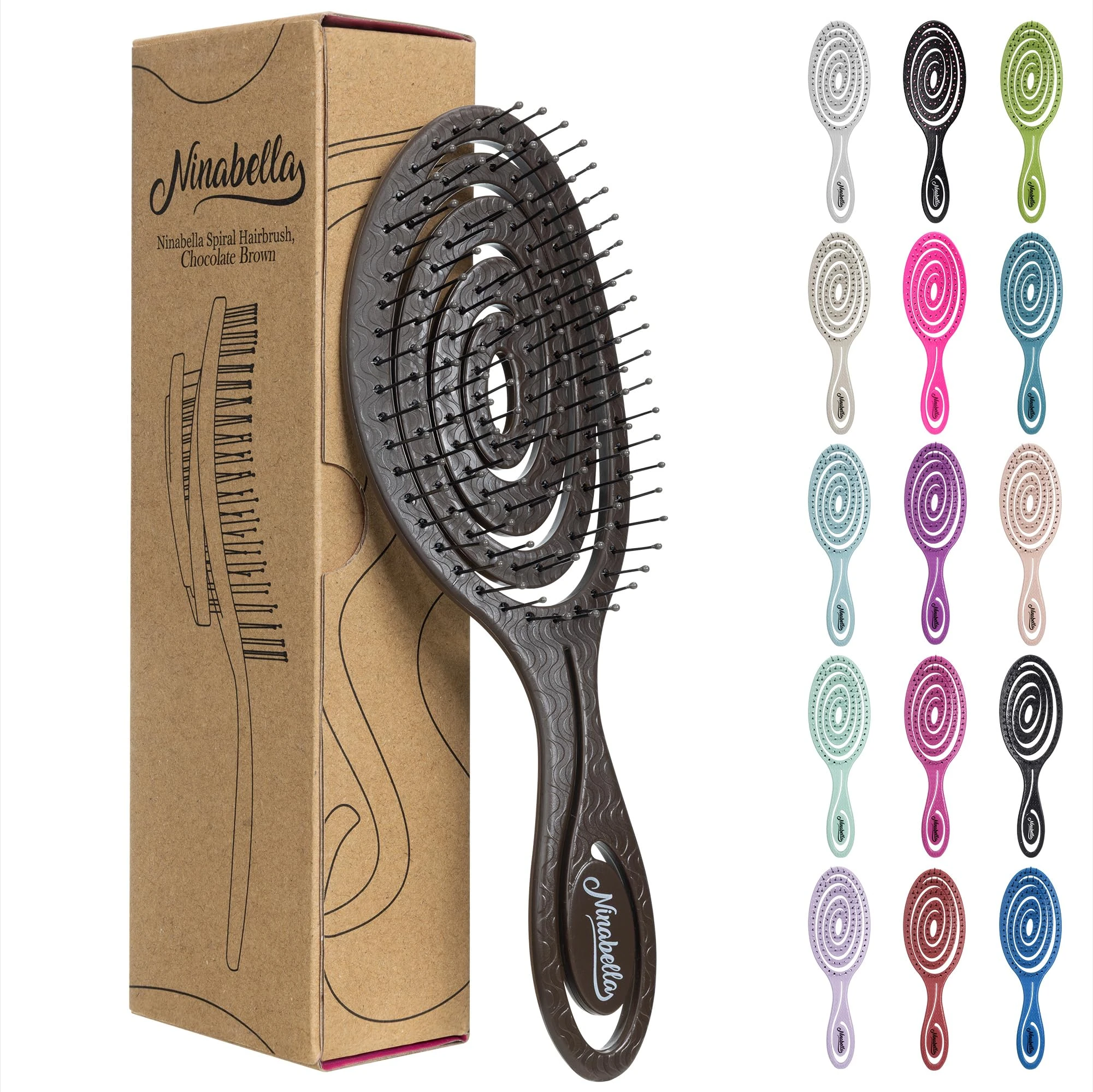Ninabella Organic Detangling Hair Brush for Women, Men & Children - Does not Pull - Hair Straightening Brushes for Straight, Curly & Wet Hair - Unique Spiral Hairbrush, Chocolate Brown