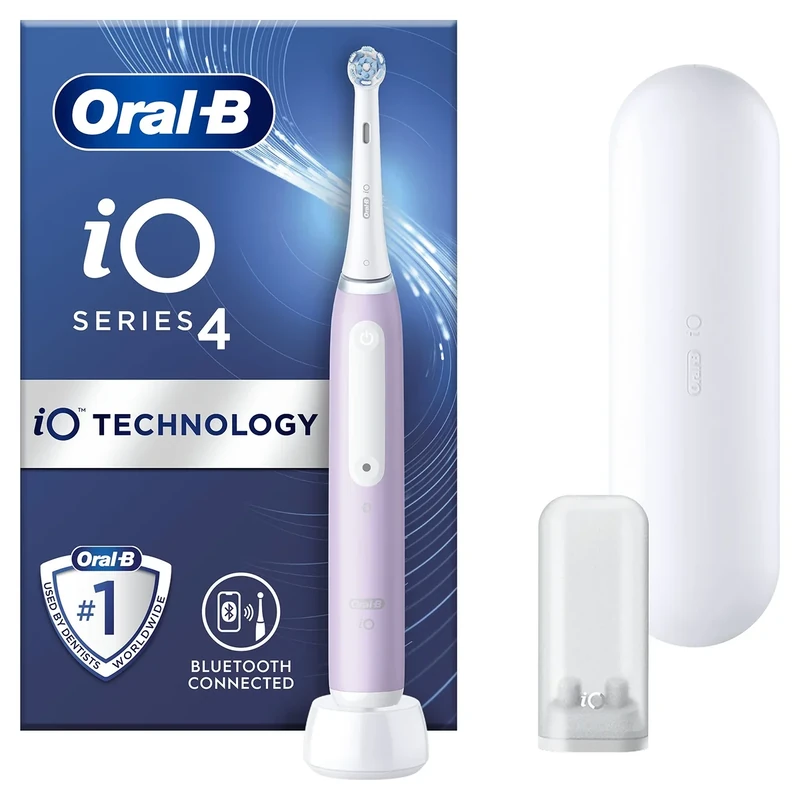 Oral-B iO4 Electric Toothbrushes For Adults, Oral B Electric Toothbrush, 1 Toothbrush Head, Travel Case & Toothbrush Head Holder, 4 Modes With Teeth Whitening, UK 2 Pin Plug, Lavender