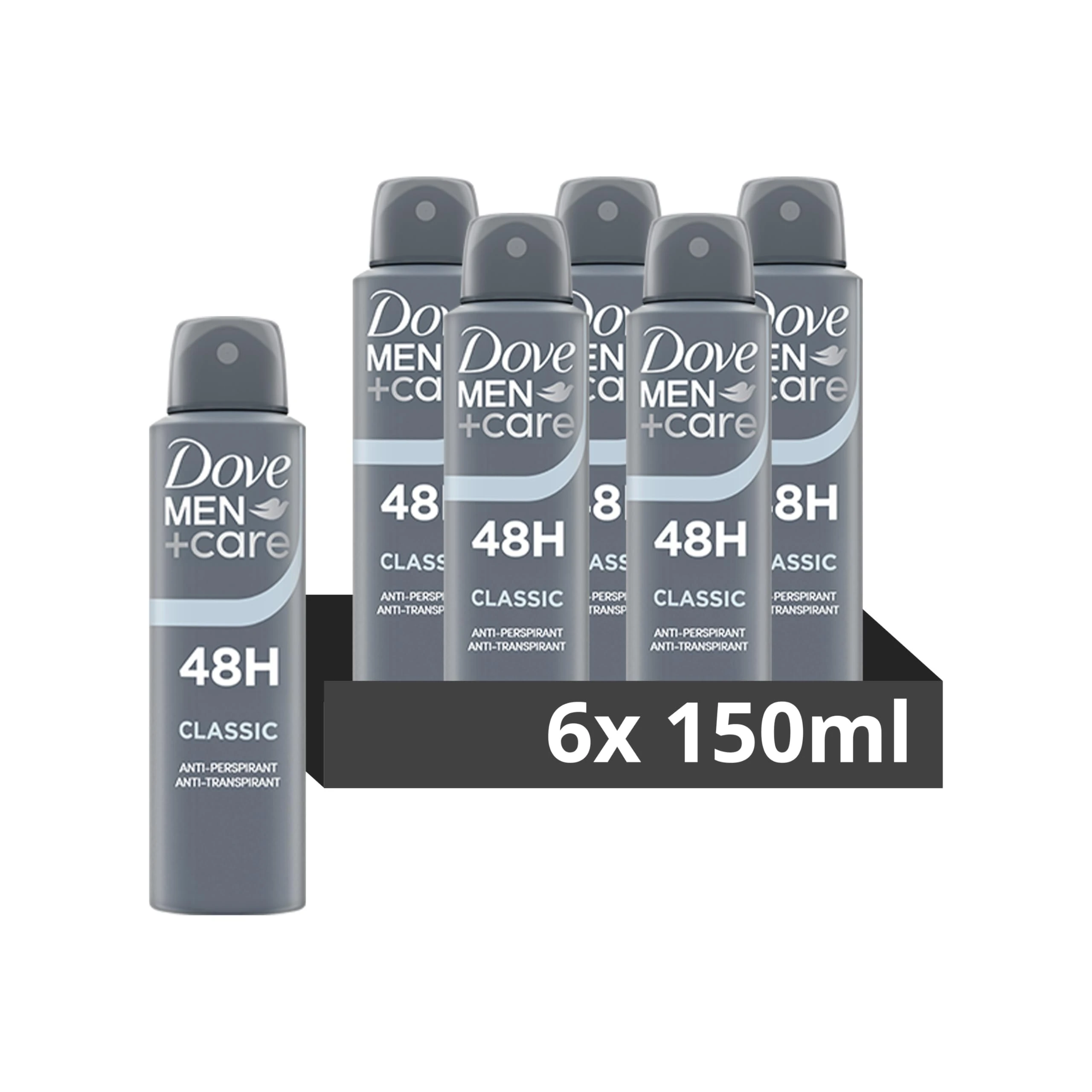 Dove Men+Care Classic with ¼ moisturising cream Men's Antiperspirant Deodorant Body Spray for 48 hour protection against sweat and odour 150 ml, Pack of 6