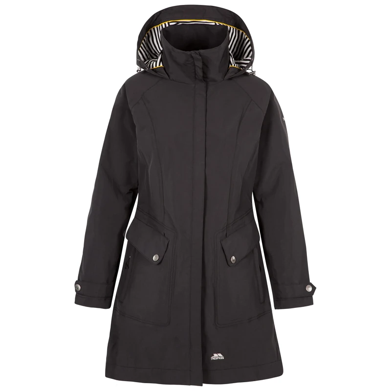 Trespass Womens Jacket Rainy Day - Waterproof, Breathable, Taped Seam, Longer Length, Shell Taslan Fabric, Yarn-Dyed Striped Lining, Contrast Trims, Adjustable Hood, Multiple Pockets, Stud Cuffs