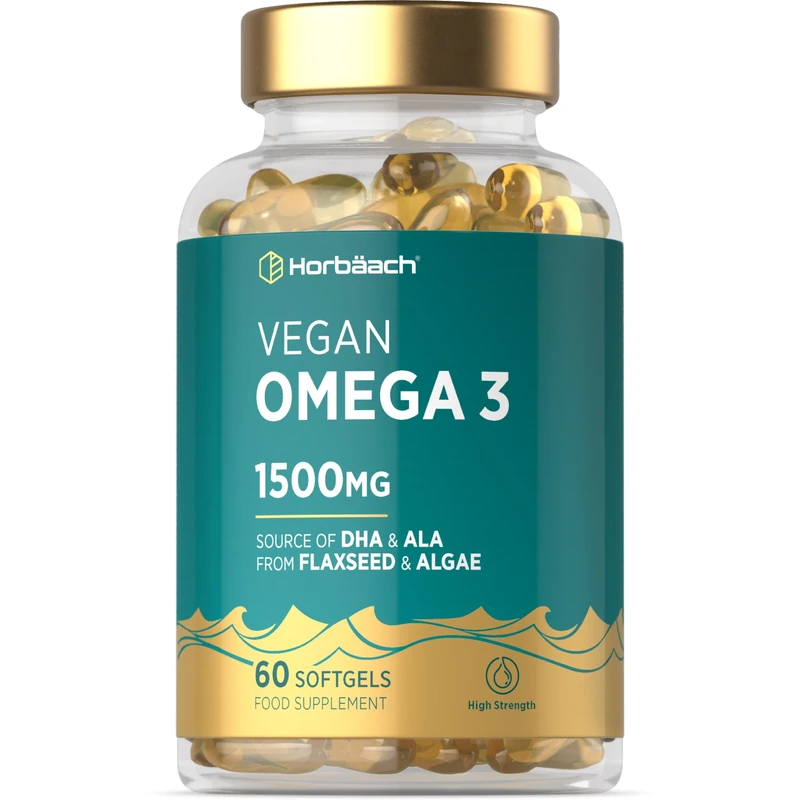 Vegan Omega 3 DHA from Algae Oil 1500mg | 60 Softgels | High Strength 450mg of ALA and 240mg of DHA Per Serving | by Horbaach