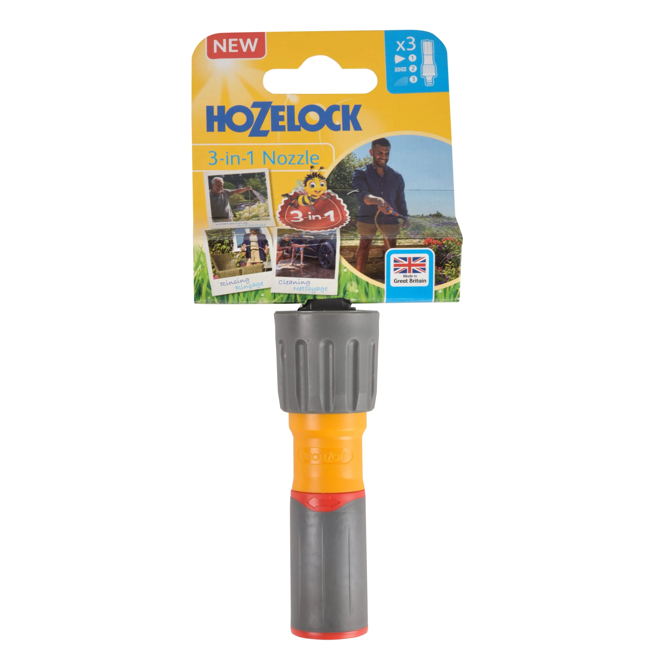 HOZELOCK - Watering Nozzle 3-in-1, Ergonomic Soft Grip Handle, Non-slip, 3 Jets, 1 New Shower Jet for Gentle Watering [100-100-224], Yellow