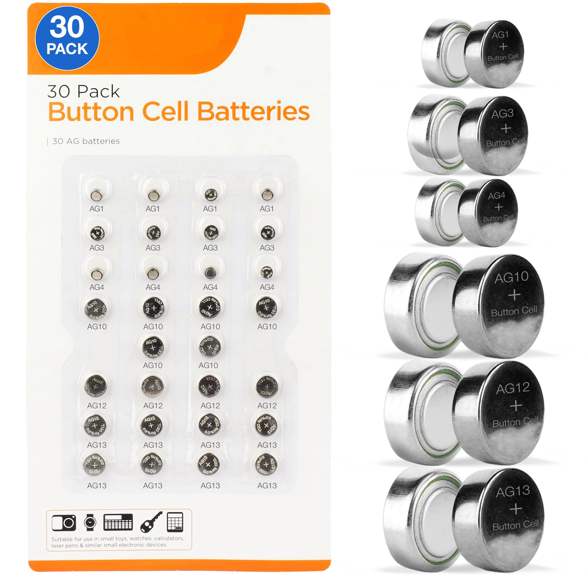 30 Pack Button Cell Batteries – AG1, AG3, AG4, AG10, AG12, AG13 – CE & RoHS Certified – Long-Lasting & Reliable Power for Watches, Toys, Remotes, Thermometers & More – Not Rechargeable