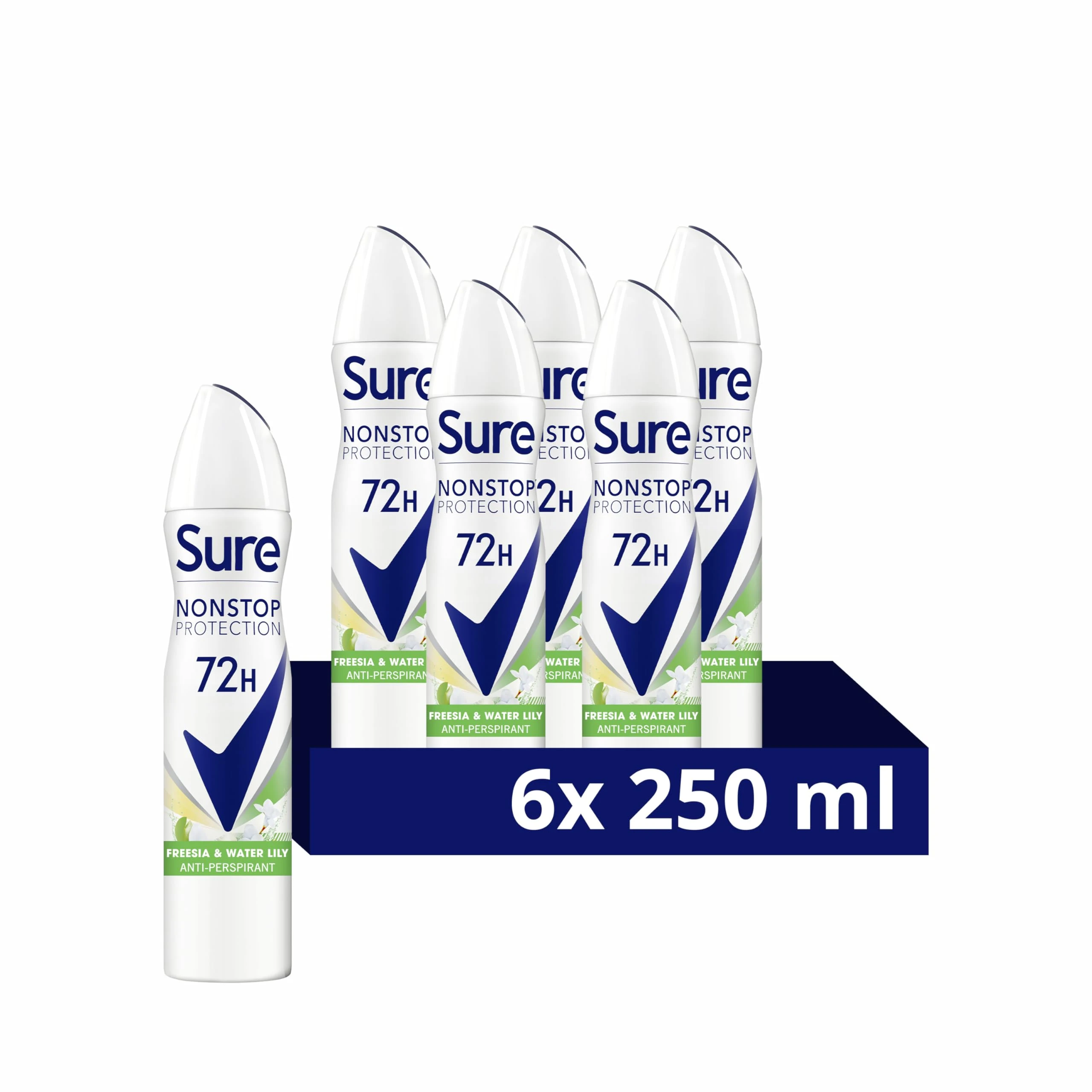 Sure Women Nonstop Protection Freesia & Water Lily Antiperspirant Deodorant Aerosol pack of 6 deodorant for women for 72-hour sweat and odour protection 250 ml, 250.0 milliliters