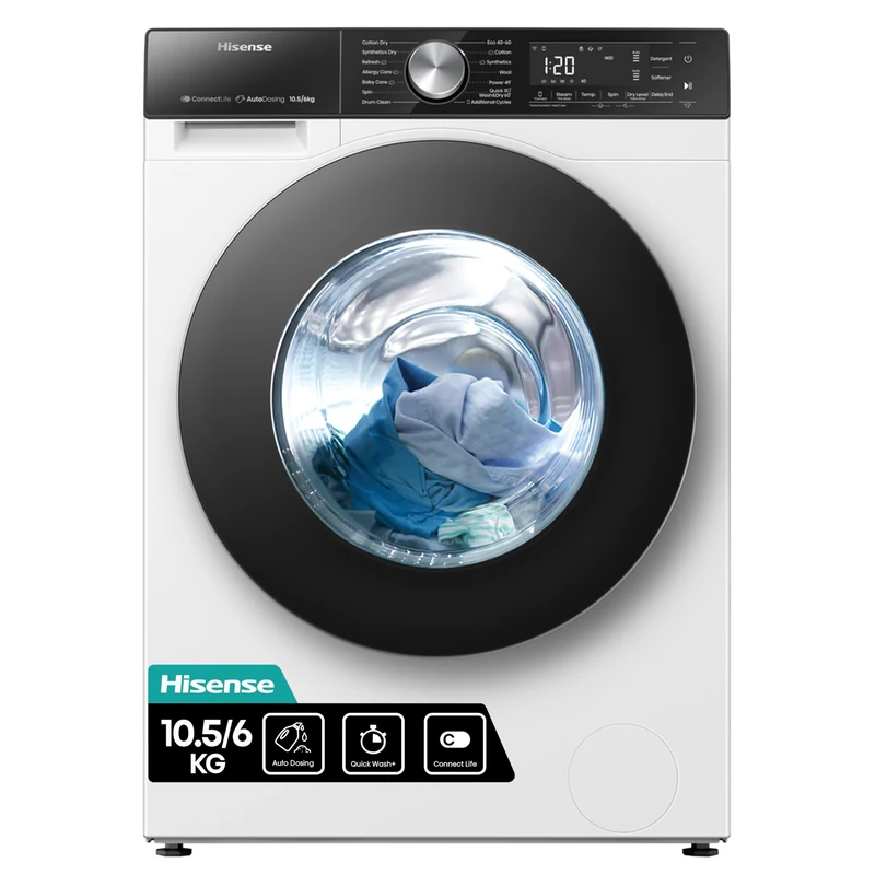 Hisense 5S Series WD5S1045BW 60cm Freestanding 10.5/6 KG Front Load Inverter Washer Dryer with Auto Dose WiFi Enabled Steam Wash - 19 Programs 1400 RPM White Energy Rating A/D