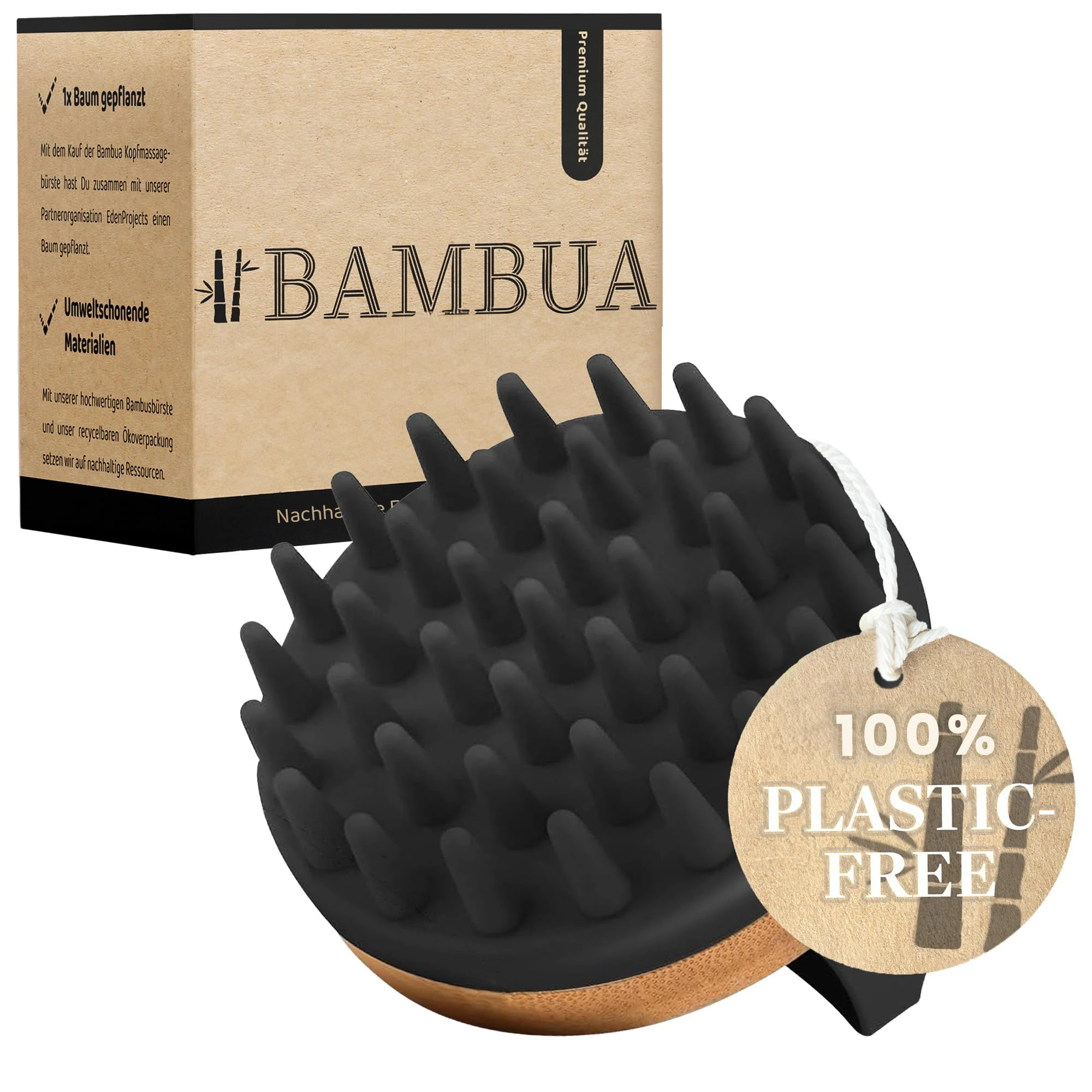 BAMBUA® Scalp Massager Hair Growth - (Anti-Dandruff Effect) Natural Head Massager Scalp Brush for Relaxation, Hair Care & Scalp Health - Shampoo Brush for Shower Use - Premium Scalp Scrubber (Black)