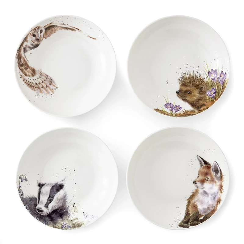 Wrendale Designs Royal Worcester 22 Centimetre Ceramic Pasta Bowl Hedgehog Badger Fox and Owl Set of 4, White
