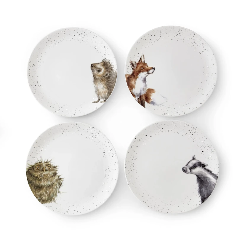 Royal Worcester x Wrendale Designs Set of 4 Assorted Coupe Plates - Fine Bone China Dinner Plates Featuring Charming Animal Designs Including a Badger, Hedgehog, Fox, and Owl, 26cm