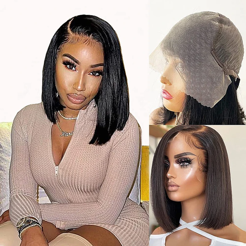 Karlami Human Hair 12 Inch 13x6 Bob Wig, Glueless, 150% Density, Straight, Modern, Black, Full Cap Size, Everyday Use, Short Bob Hairstyle
