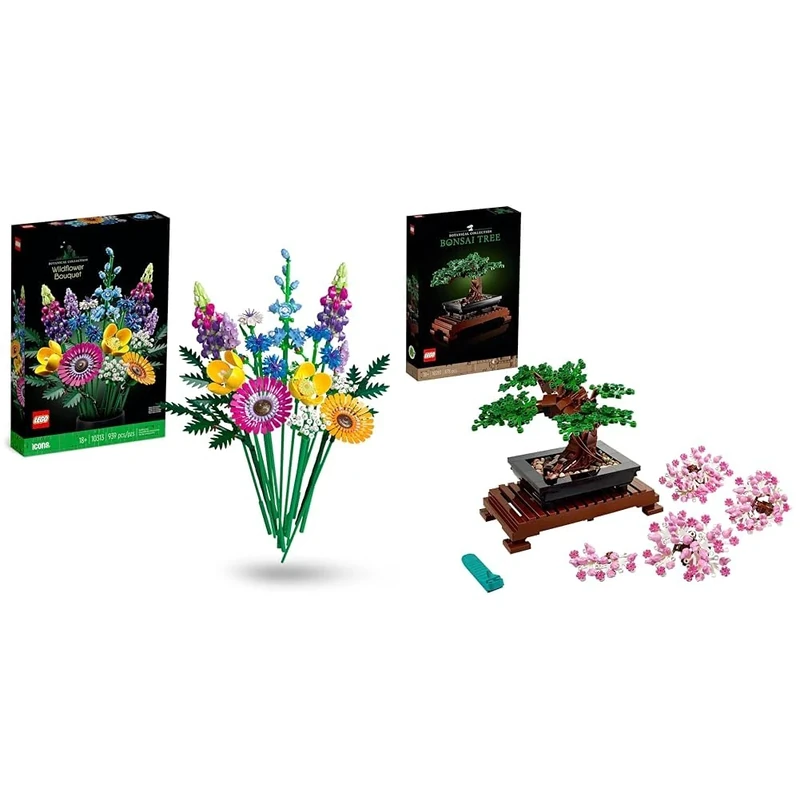 LEGO 10313 Icons Wildflower Bouquet Set, Artificial Flowers with Poppies and Lavender & 10281 Icons Bonsai Tree Set for Adults, Plants Home Décor Set with Flowers, DIY Projects