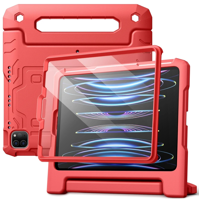 JETech Kids Case for iPad Pro 11 Inch (2022/2021/2020/2018 Model), iPad Air 5/4 (10.9-Inch) with Built-in Screen Protector, Shockproof Full-Body Handle Stand Tablet Protective Cover (Red)