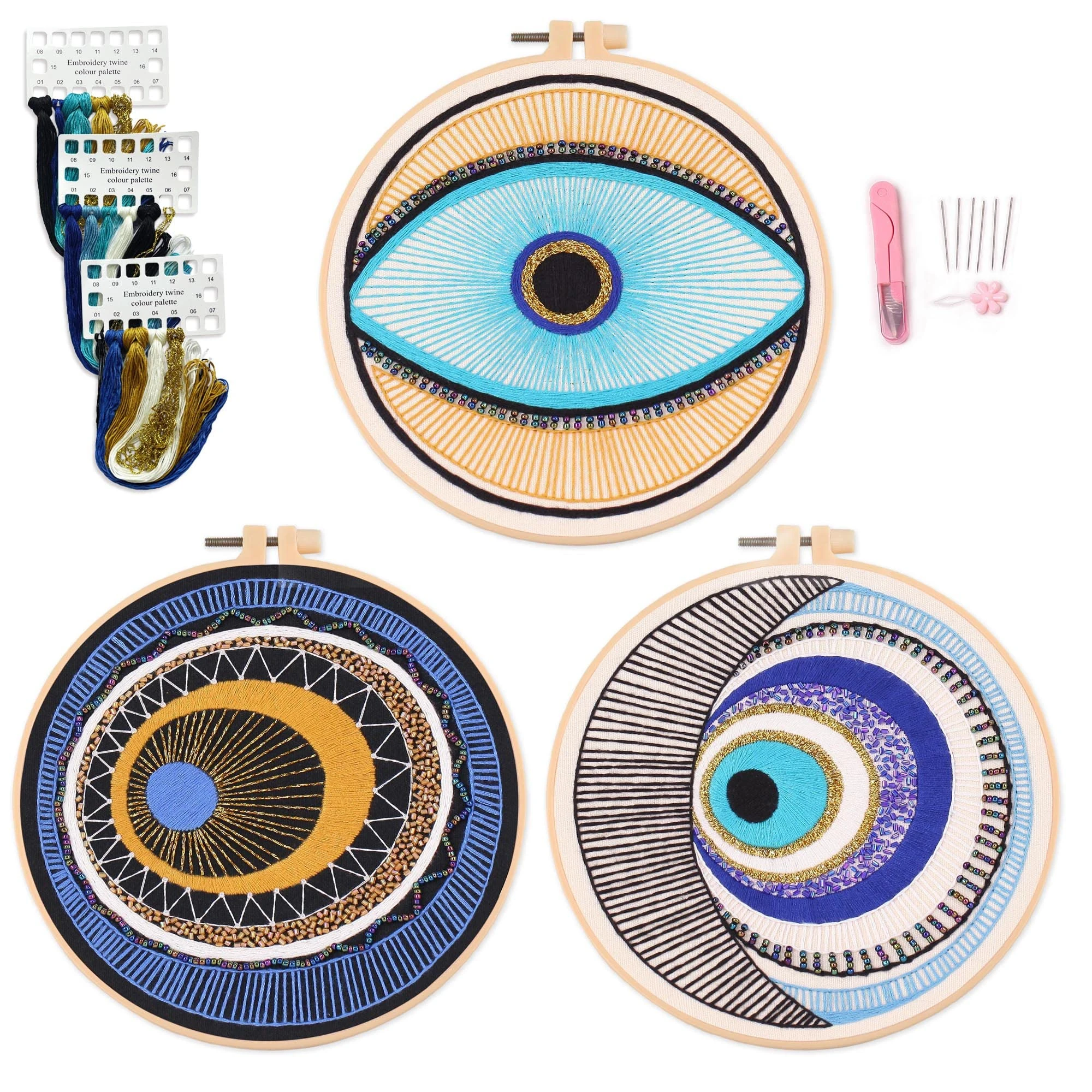 Myfelicity 3 Evil Eye Embroidery kit, Adult Bead Embroidery Set, Including 3 Sets of Embroidery Cloth, Floss, Needle and Hoop, etc…