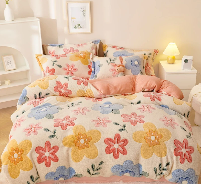 LMONMOO Pink Duvet Cover Queen Size, Fluffy Comforter Cover Set, Kawaii Bunny Bedding Sets for Girl Ultra Soft Cute Floral Bed Set for Kids (Flower, Queen)