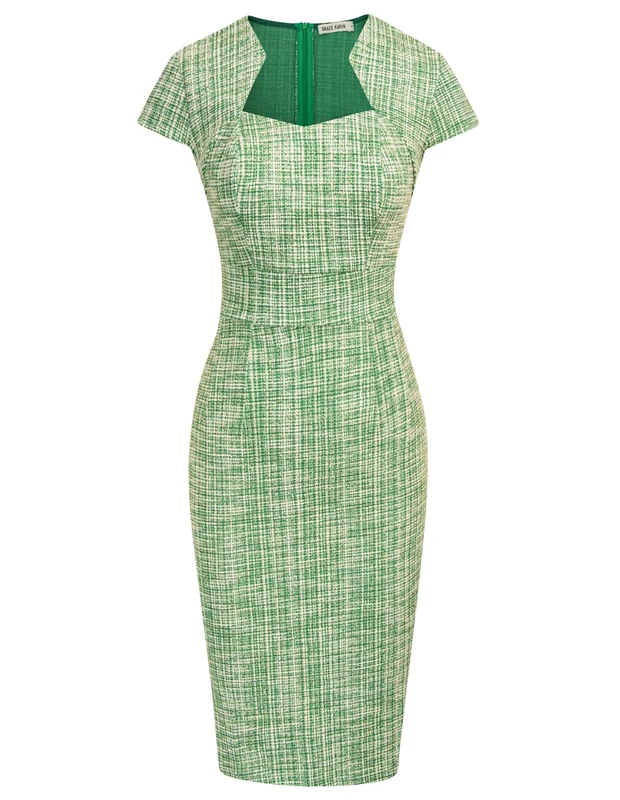GRACE KARIN Women's Gorgeous Work Pencil Dress Cap Sleeve Sexy Bodycon Dress, Green (Plaid), L - Image 1